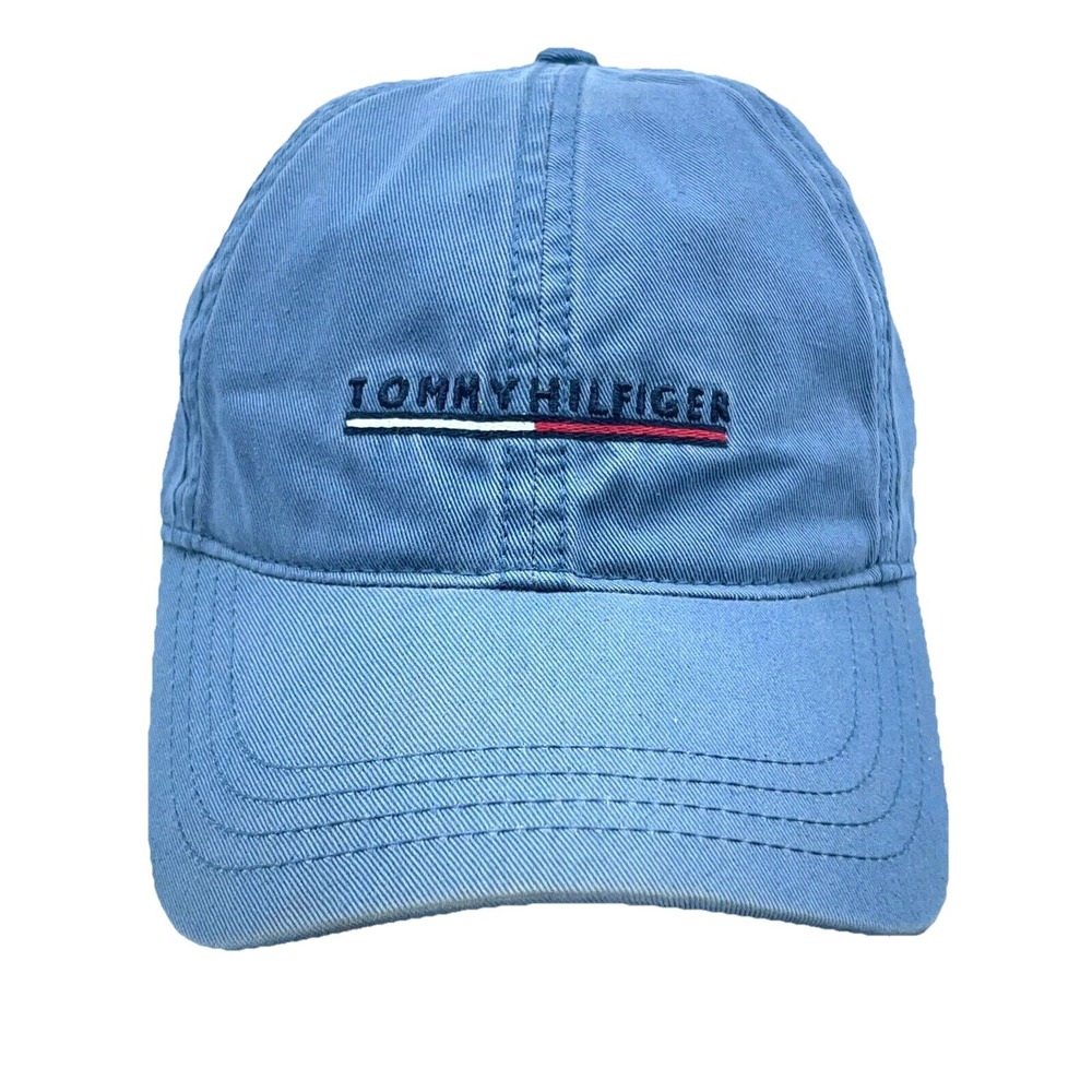 Tommy Hilfiger Hat Cap Leather‎ Strap Back Blue Spell Out Dad Baseball Twill Y2K